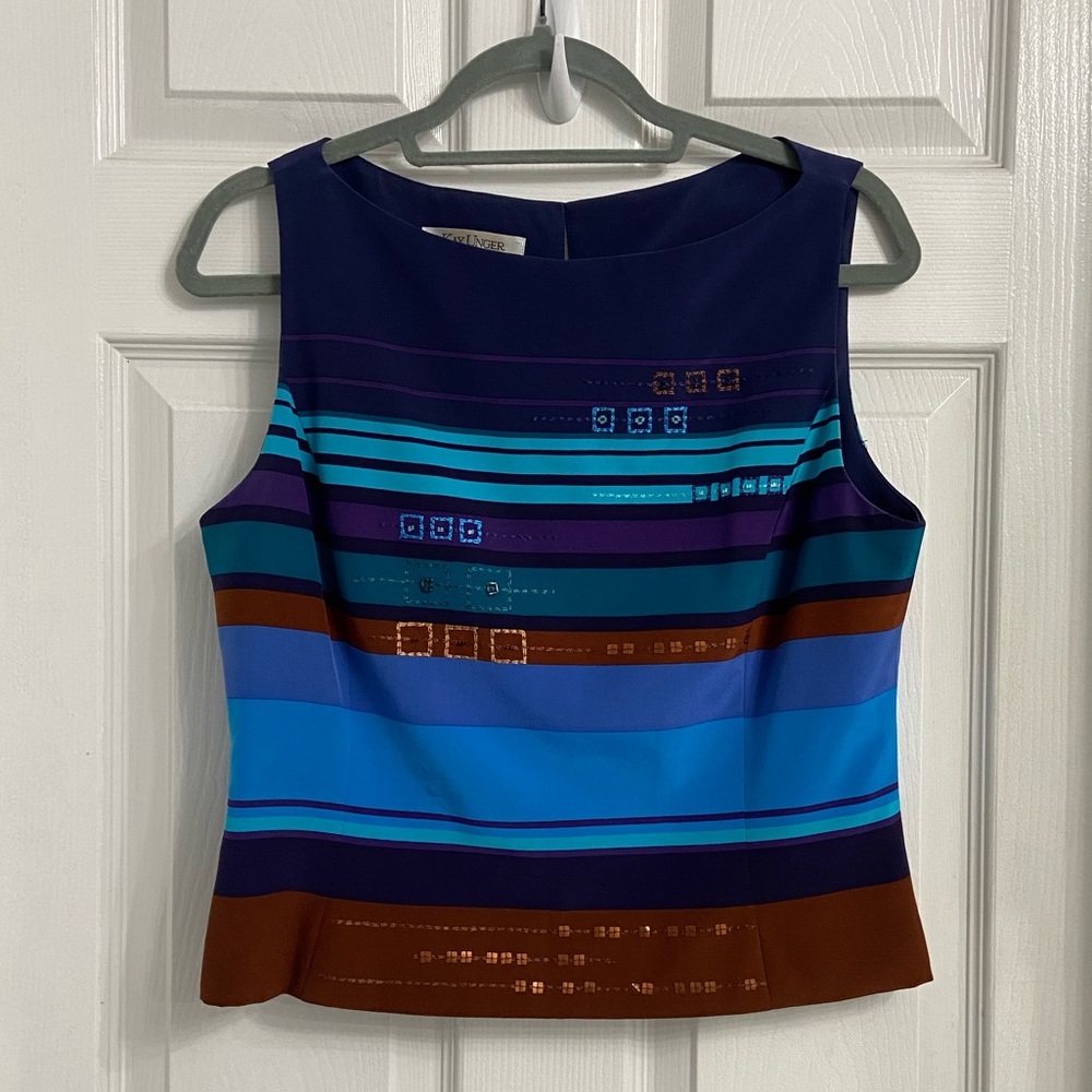 Vintage Kay Unger Striped Sleeveless Tank in Navy, Teal, Turquoise & Brown